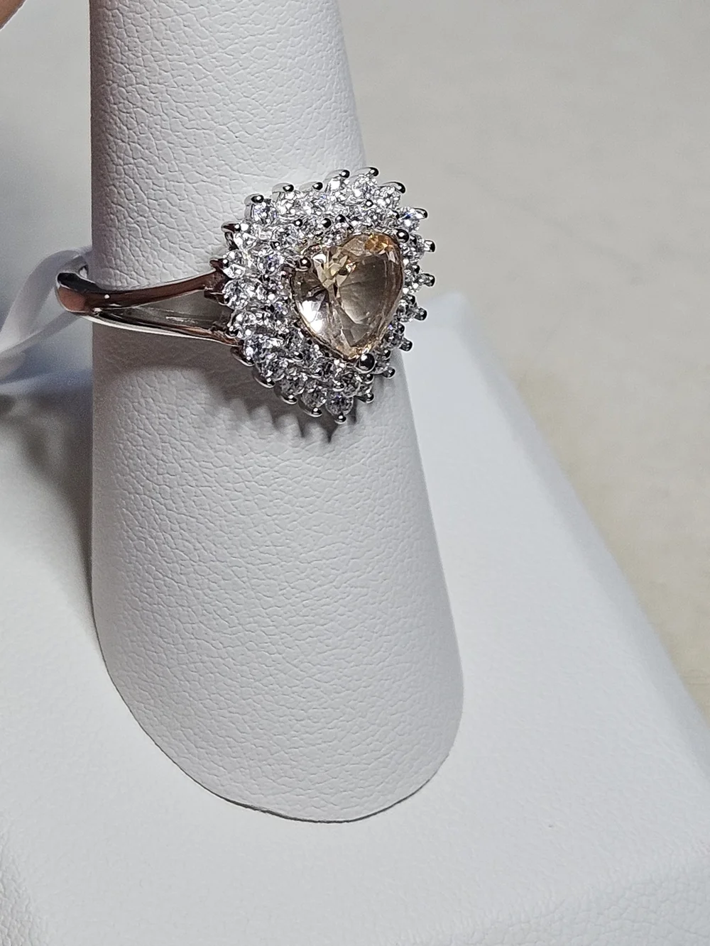 Stunning Heart Halo Ring with Champagne Center Stone - Sterling Silver